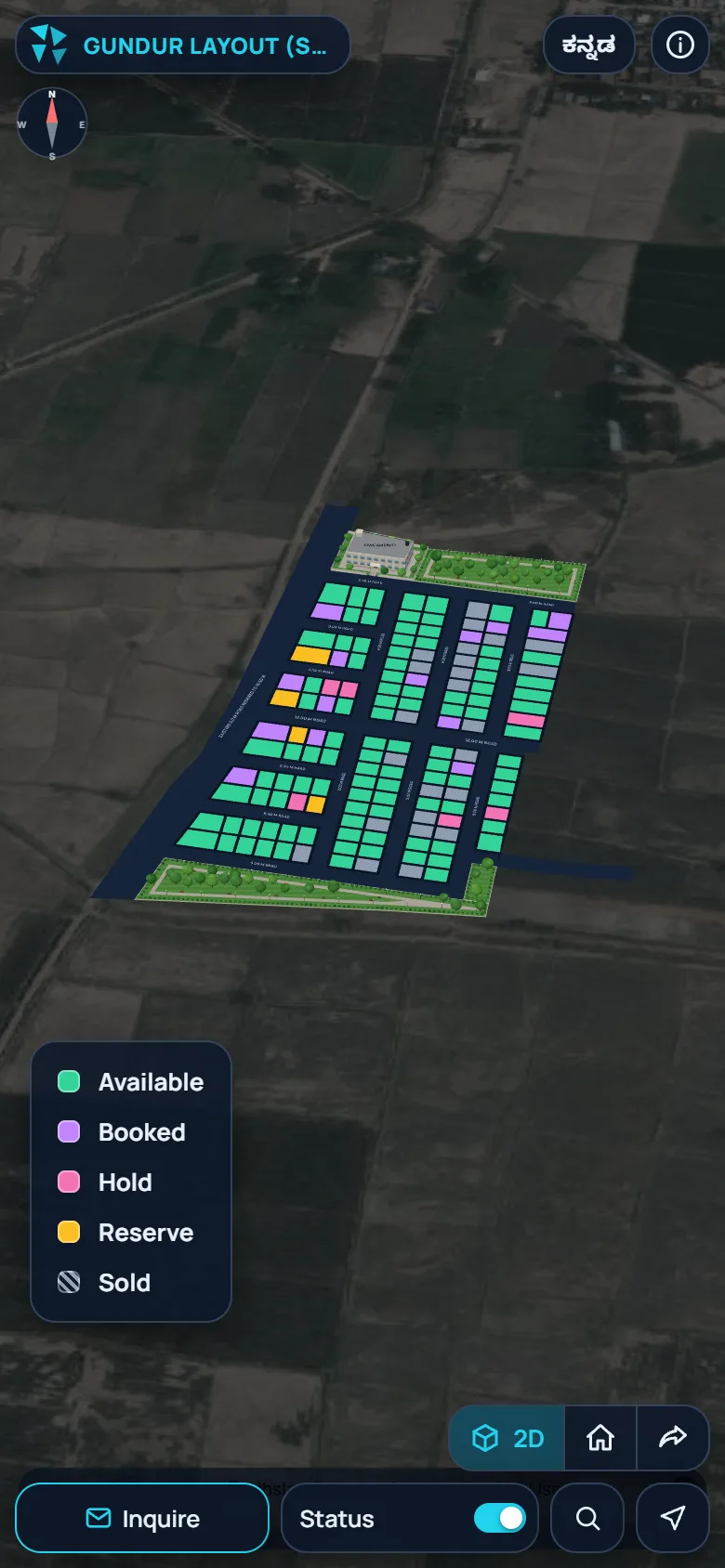 Viewer in 3D: the layout tilted over the satellite map