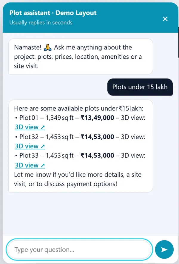 Buyer chatbot on a phone listing available plots under 15 lakh with 3D view links
