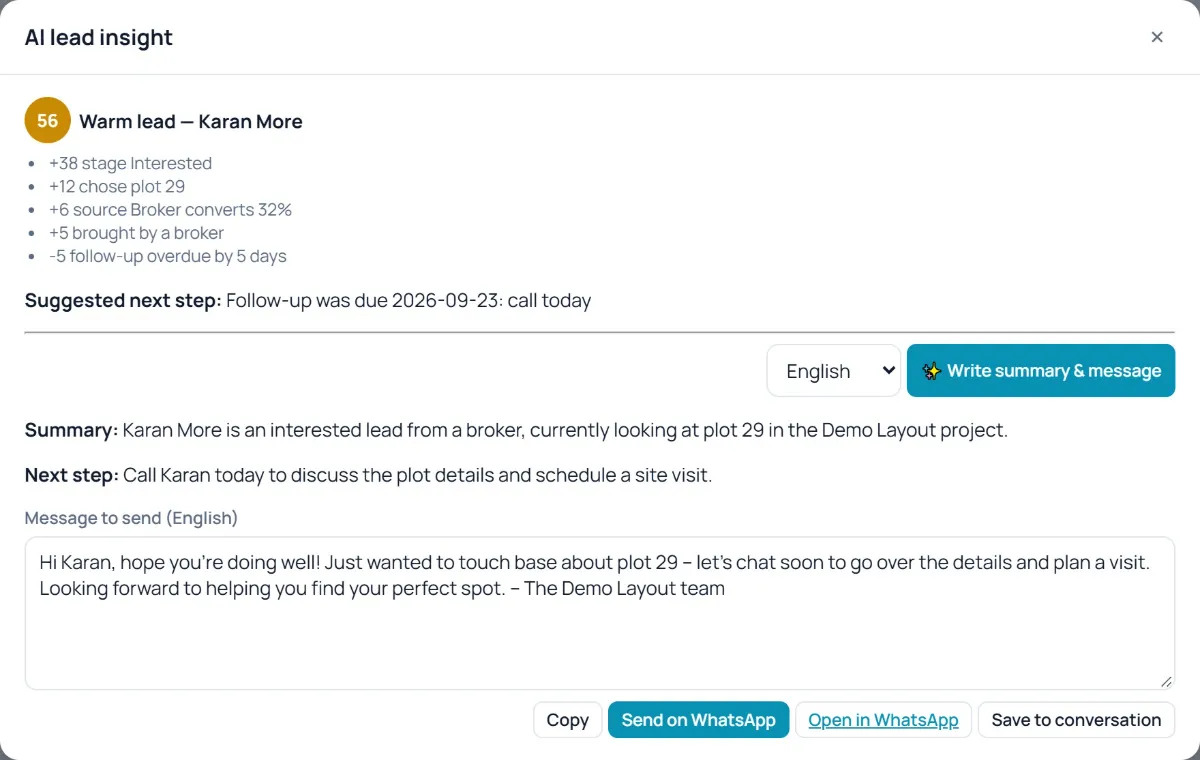 AI lead insight: score 56 with reasons, next step and a WhatsApp message