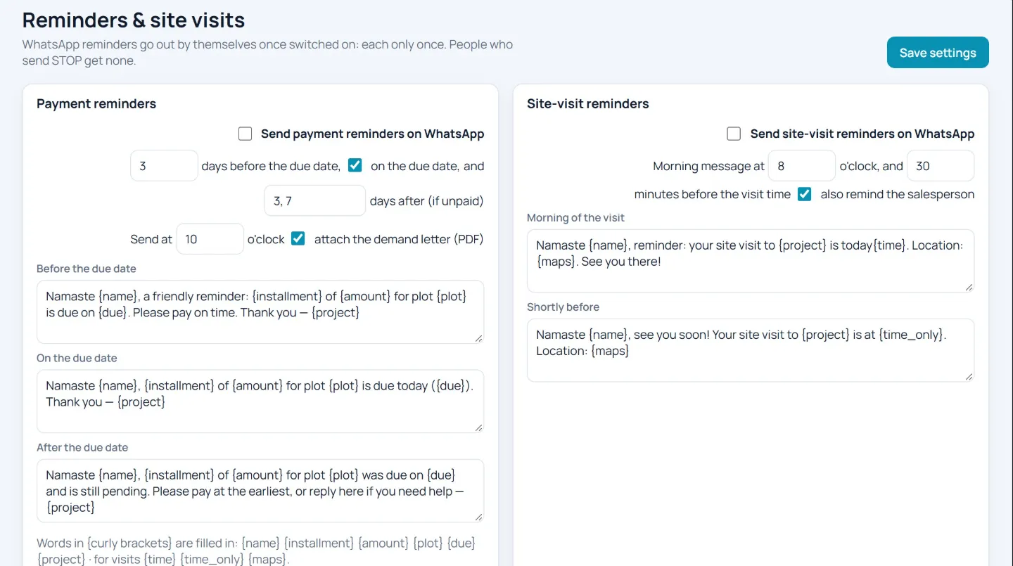 Payment and site-visit reminder settings with WhatsApp message templates